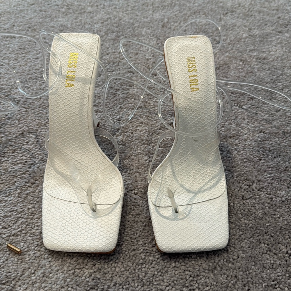 Miss Lola white heals with clear straps